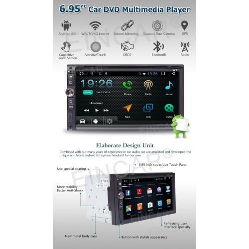  EINCAR Android 6.0 Double Din Car Stereo GPS with Quad Core 6.95 inch Touchscreen Autoradio Car DVD Player 1GB RAM 3D GPS Map Head unit support Bluetooth Wifi 3G OBD DAB+ USBSD