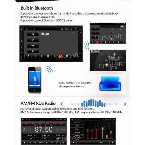  EINCAR 7 Android 6.0 Quad Core Universal in Dash HD Touch Screen Car None-DVD Player Double Din GPS Navigation Stereo AMFM Radio Support SDUSBBluetooth3GWifi1080PDVR with Free Inte