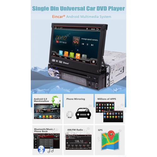  EINCAR 7In Single-DIN Android 6.0 Car Stereo Receiver With 2GB RAM Bluetooth GPS Navigation - Touchscreen Detachable Front Panel With Wi-Fi Web Browsing, App Download, CDDVD Player and B