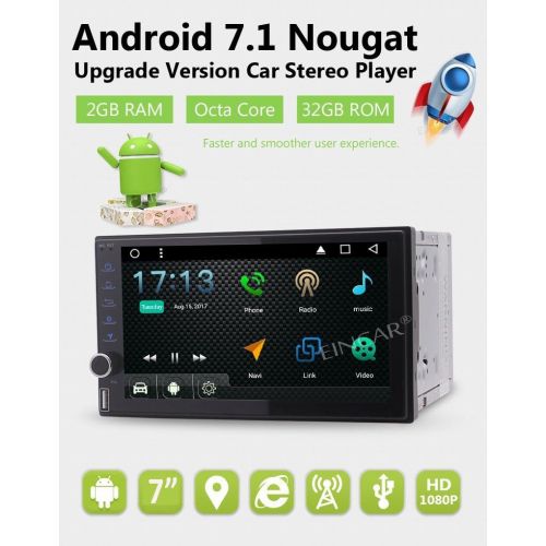  EinCar Android 7.1 2GB 32GB Car Stereo Video Player for Universal Vehicles 7 inch Octa Core Double din in Dash 7 Screen FM/AM Radio Receiver Navigation Bluetooth WiFi Mirrorlink with Back