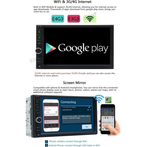  EINCAR Eincar Car Stereo Android 6.0 16G ROM Octa core 2Ghz in Dash Double DIN headunit Car GPS Navigation 3D Map 7 inch Car Radio 1080P HD Video displa+Rear Camera Support Steering,Bluet