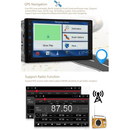  EINCAR EinCar 7 Inch HD Touch Screen Double Din Android 7.1 Car Stereo GPS Navigation Octa Core Car Entertainment Multimedia wFM Radio WiFi Bluetooth & Free MAP & FrontBackup Camera