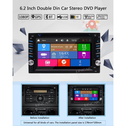  EinCar Double Din 6.2 Touch Screen 2 Din Car Stereo in Dash Receiver DVD CD 1080P Video Player Bluetooth GPS Navigation FM/AM RDS Radio TF/USB/AUX-in/Subwoofer/SWC +Remote Control-Free Re