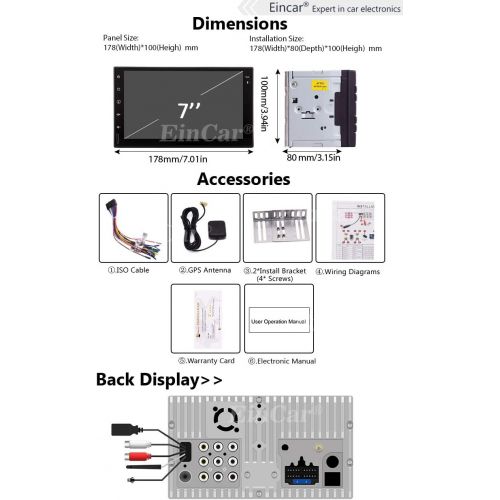  EinCar Android 8.1 Oreo Double 2 Din Car Stereo Head Unit in Dash Auto GPS Navigation Audio System 7 inch 1024 600 Touch Screen 8 Core Tablet Radio Support WiFi Bluetooth 1080P Video SWC