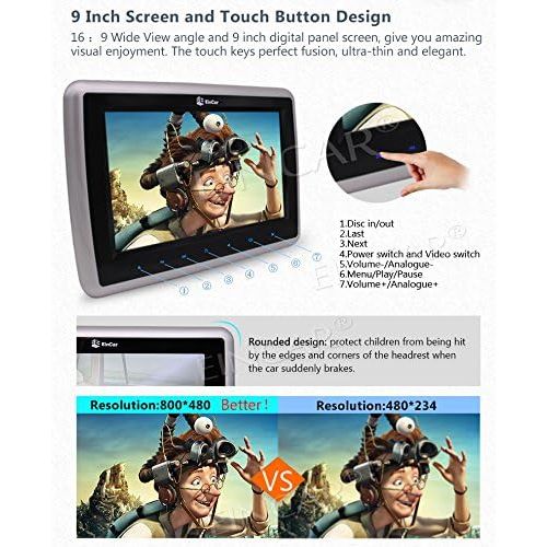  EINCAR EinCar Double Car Headrest DVD Player with Pair of Headset 9 LCD Dual Screen Portable Rear Seat Monitor-Black Support USBSD HDMI Input IR FM Ttransmitter 32 Bits Game with Game Di