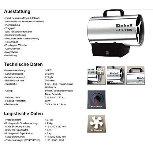  Einhell Heissluftgenerator HGG 110/1 Niro (DE/AT) (Heizmantel aus verzinktem Stahlblech, Gehause aus Nirostablech, Piezozuendung, Rueckbrandsicherung)