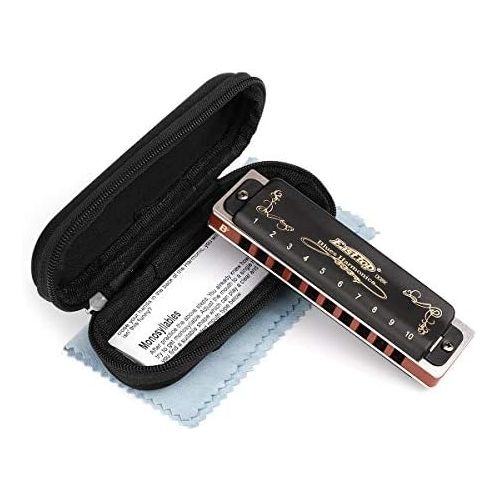  ProfessionalHarmonica Blues Key of Bb 10 Hole 20 Tone Heavy Dutywith Case & Cleaning Cloth for Professional Player,Beginner,Students,Children,Kids,by Eison-East Top,Black,Great C