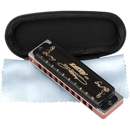  ProfessionalHarmonica Blues Key of Bb 10 Hole 20 Tone Heavy Dutywith Case & Cleaning Cloth for Professional Player,Beginner,Students,Children,Kids,by Eison-East Top,Black,Great C