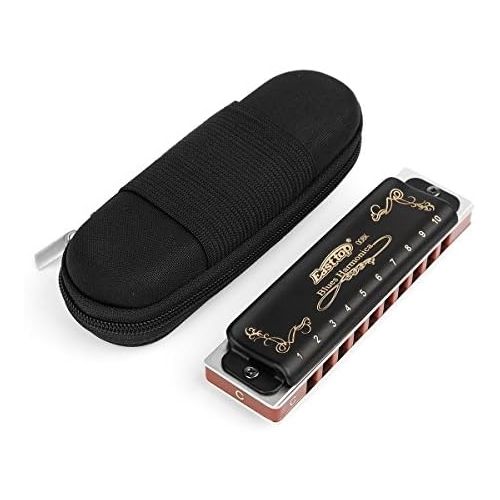  Professional Harmonica Blues Key of C 10 Hole 20 Tone Heavy Duty with Case & Cleaning Cloth for Professional Player,Beginner,Students,Children,Kids,by Eison-East Top TS 2036,Black,