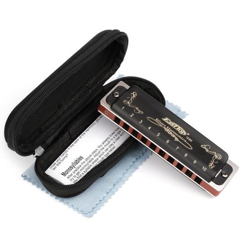  Professional Harmonica Blues Key of C 10 Hole 20 Tone Heavy Duty with Case & Cleaning Cloth for Professional Player,Beginner,Students,Children,Kids,by Eison-East Top TS 2036,Black,