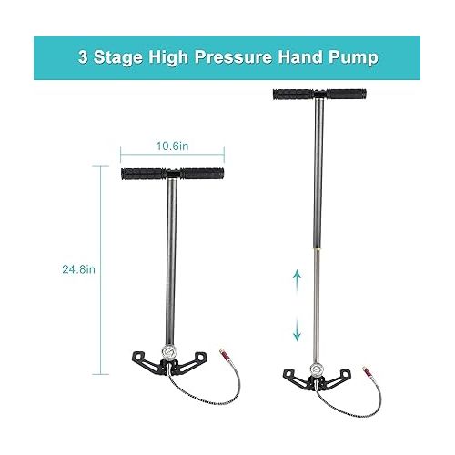  Ejoyous High Pressure Hand Pump, 3 Stage Air Filling Stirrup Pump up to 6000 psi Airgun PCP Pump with Gauge for High Pressure Tires and Pre-Charged Pneumatic Airguns