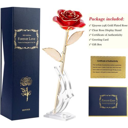  [아마존핫딜][아마존 핫딜] Ejoyous Gold Dipped Roses w/ Rose Holder 24K Golden Rose, Forever Blooming Real Rose Gift for Wife Women on Valentines Anniversary Proposal Birthday, Gold Red with Stand