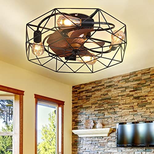  Ekjkldo 20 4 Lights Low Profile Caged Ceiling Fan with Lights, Enclosed Ceiling Fan with Light Remote Control, Indoor Recessed Black Caged Fan Ceiling Light