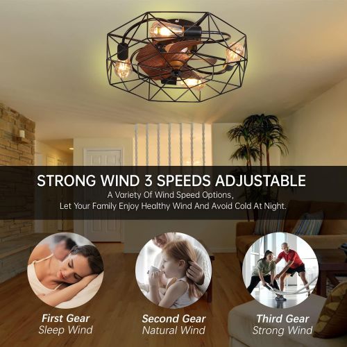  Ekjkldo 20 4 Lights Low Profile Caged Ceiling Fan with Lights, Enclosed Ceiling Fan with Light Remote Control, Indoor Recessed Black Caged Fan Ceiling Light