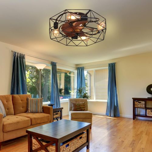  Ekjkldo 20 4 Lights Low Profile Caged Ceiling Fan with Lights, Enclosed Ceiling Fan with Light Remote Control, Indoor Recessed Black Caged Fan Ceiling Light