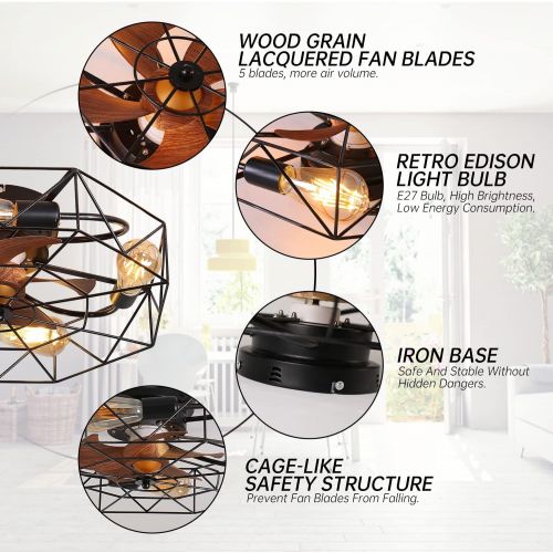  Ekjkldo 20 4 Lights Low Profile Caged Ceiling Fan with Lights, Enclosed Ceiling Fan with Light Remote Control, Indoor Recessed Black Caged Fan Ceiling Light