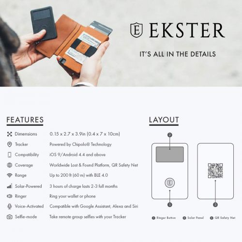  [아마존베스트]Ekster: Tracker Card - Solar Powered Tracker - Bluetooth - Two-Way Ringer