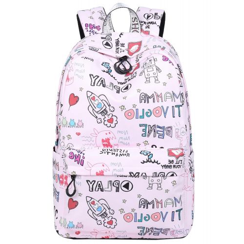  Backpack for Teens, Fashion Robot, Rocket and Letters Pattern Backpack College Bags Women Daypack Travel Bag by El-fmly Pink