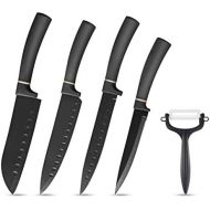 [아마존베스트]elabo 5 Pieces Black Kitchen Knife Set - Stainless Steel Non Stick Coating Knives, Rose Gold Handle, Includes 6 Chef Knife, 7 Santoku Knife, 7 Slicer Knife, 5Utility Knife and Cera