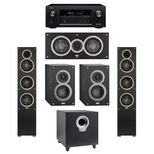  Elac 5.1 System with 2 Debut F5 Floorstanding Speakers, 1 Debut C5 Center Speaker, 2 Debut B4 Bookshelf Speakers, 1 Debut S10 Subwoofer, 1 Denon AVR-X2300W AV Receiver