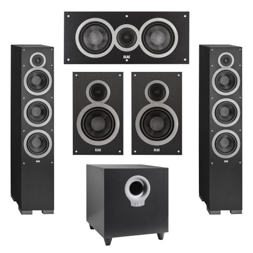  Elac 5.1 System with 2 Debut F6 Floorstanding Speakers, 1 Debut C5 Center Speaker, 2 Debut B6 Bookshelf Speakers, 1 Debut S10 Subwoofer