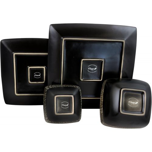  Elama Square Stoneware Pattern Dinnerware Dish Set, 16 Piece, Matte Black and Tan Tile