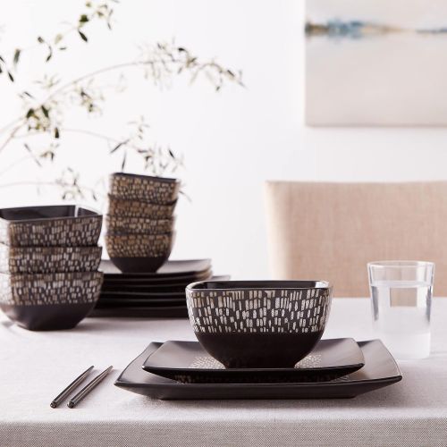  Elama Square Stoneware Pattern Dinnerware Dish Set, 16 Piece, Matte Black and Tan Tile