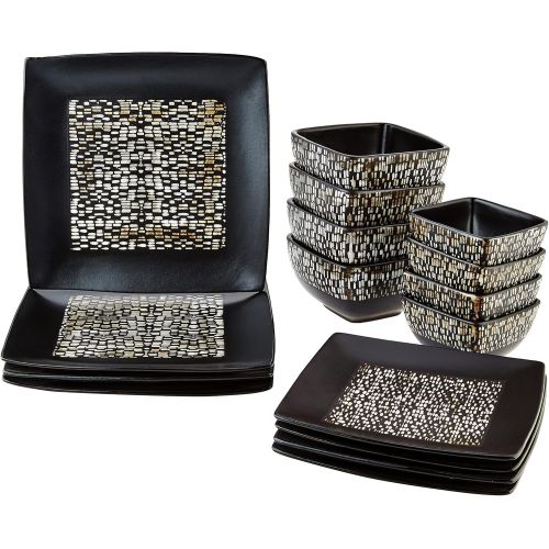  Elama Square Stoneware Pattern Dinnerware Dish Set, 16 Piece, Matte Black and Tan Tile