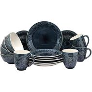 Elama Decorated Round Stoneware Deep Embossed Dinnerware Dish Set, 16 Piece, Dark Navy Blue