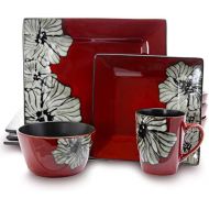 [아마존베스트]Elama Stoneware Square Floral Dinnerware Dish set, 16 Piece, Red with White Flower Accents