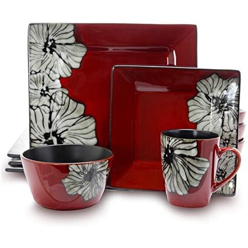  [아마존베스트]Elama Stoneware Square Floral Dinnerware Dish set, 16 Piece, Red with White Flower Accents