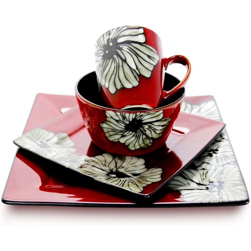  [아마존베스트]Elama Stoneware Square Floral Dinnerware Dish set, 16 Piece, Red with White Flower Accents