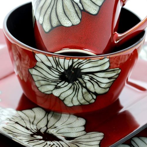  [아마존베스트]Elama Stoneware Square Floral Dinnerware Dish set, 16 Piece, Red with White Flower Accents