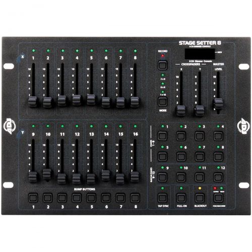  Elation},description:The Elation Stage Setter 8 is an easy-to-use 16 channel DMX controller with 3 different operating modes: 2x8 (2 banks of 8 channels), 8x8 (8 channels), 1x16 (o