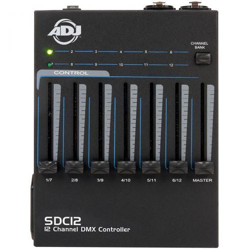  Elation},description:The SDC12 features 12 DMX channels, DIP switches to set a starting DMX channel, a master dimmer fader, onoff switch, 3pin and 5pin XLR output, and operates vi