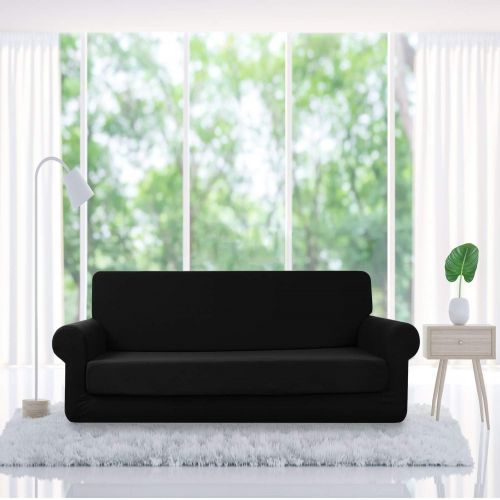  [아마존 핫딜] [아마존핫딜]Ele ELEOPTION ele ELEOPTION Hengwei 2 Pieces Deluxe Sofa Cover/Slipcover Rich Jacquard Stretch Fabric High Spandex Slip Resistant Stylish Furniture Shield/Protector (XL Sofa-4 Seater, Black)