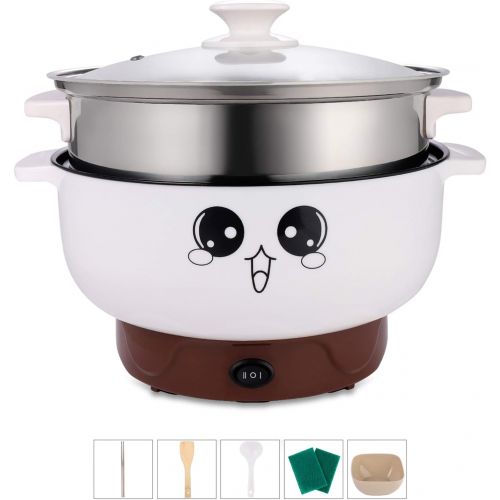  [아마존베스트]Ele ELEOPTION 4-IN-1 Multifunction Electric Cooker Skillet Grill Pot Wok Electric Hot Pot for Noodles Cook Rice Fried Stew Soup Steamed Fish Boiled Egg Small Non-stick (2.3L, with Lid and Steame