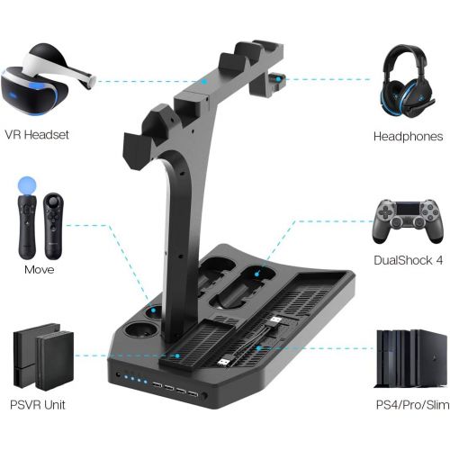  PlayStation Vertical Stand - ElecGear PS4 Charging Station, Cooling Fan Cooler, PSVR Headset Storage Holder, Charger Dock for DualShock & PS VR Move Motion Controller, 4Port USB Hu