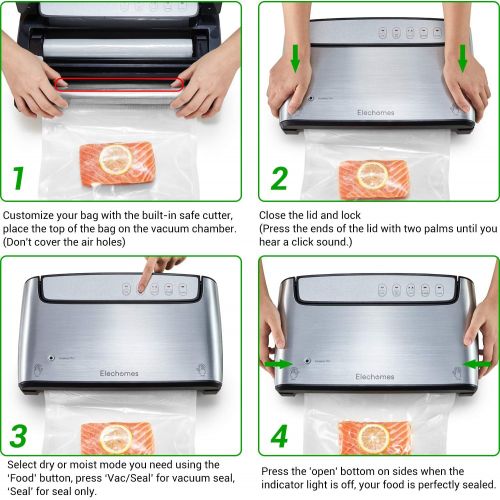  Elechomes Vacuum Sealer, Built-in Bag Storage and Cutter, 85KPA Powerful Suction Food Saver Machine, Dry and Moist Food Preservation with Bags and Roll Starter Kit, Easy to Clean,