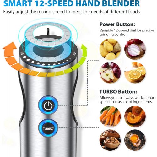  Immersion Blender, Elechomes 800W Hand Blender Electric, 12-Speed Immersion Hand Blender with 1.2L Large Food Processor, Mixing Beaker and Whisk