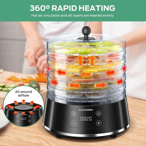  Food Dehydrator, Elechomes Upgraded 6-Tray Dryer for Beef Jerky, Meat, Fruit , Dog Treats, Herbs Vegetable, Digital Time & Temperature Control, Overheat Protection Fruit Roll Sheet