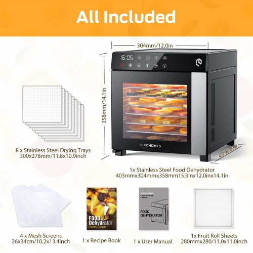  [아마존베스트]Elechomes Food Dehydrator with 8 Stainless Steel Trays (50 PDF Recipes), Electric Dehydrator with 4 Presets for Fruit, Meat Beef Jerky, Herbs, Vegetables, Digital Timer and Tempera