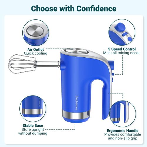  Electric Hand Mixer, Elechomes Handheld Mixer with 5 Speed & Turbo Boost, Includes Beaters and Whisk for Cream, Cake, Cookies and Eggs, Blue