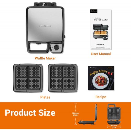  Elechomes Waffle Maker with Removable Plates, 4-Slice Belgian Waffle Iron, Anti-Overflow Nonstick Grids, Browning Control, Indicator Light, Compact Design, Recipes Included, Stainl