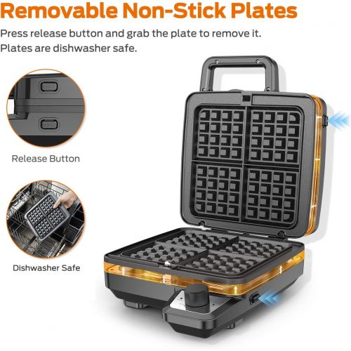  Elechomes Waffle Maker with Removable Plates, 4-Slice Belgian Waffle Iron, Anti-Overflow Nonstick Grids, Browning Control, Indicator Light, Compact Design, Recipes Included, Stainl