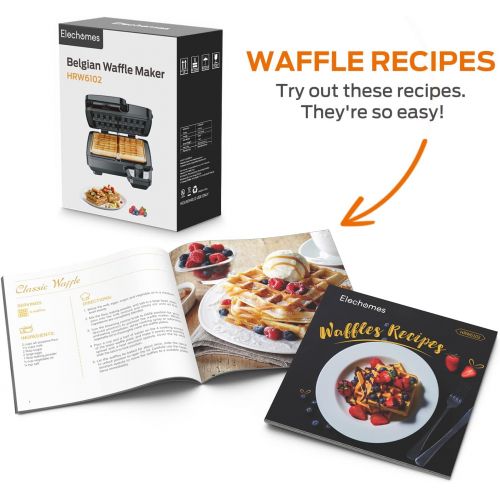  Elechomes Waffle Maker with Removable Plates, 4-Slice Belgian Waffle Iron, Anti-Overflow Nonstick Grids, Browning Control, Indicator Light, Compact Design, Recipes Included, Stainl