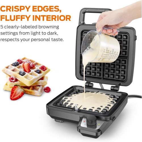  Elechomes Waffle Maker with Removable Plates, 4-Slice Belgian Waffle Iron, Anti-Overflow Nonstick Grids, Browning Control, Indicator Light, Compact Design, Recipes Included, Stainl