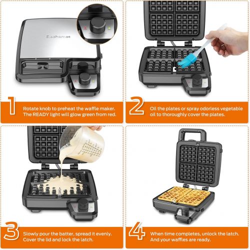  Elechomes Waffle Maker with Removable Plates, 4-Slice Belgian Waffle Iron, Anti-Overflow Nonstick Grids, Browning Control, Indicator Light, Compact Design, Recipes Included, Stainl