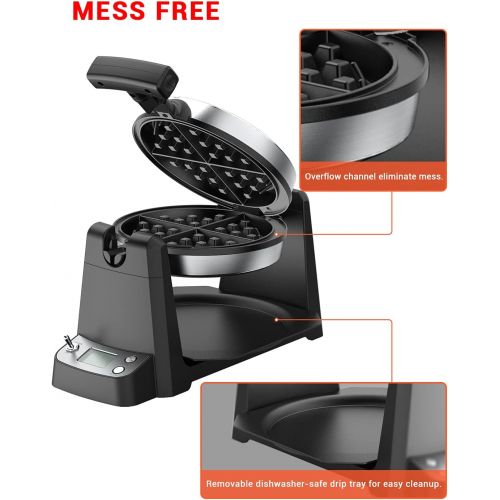  Flip Belgian Waffle Maker, Elechomes 180° Rotating Waffle Iron (1.4 Thick Waffles) with LCD Display Digital Timer Non-Stick Coating Plates Removable Drip Tray Recipes Included, Sta