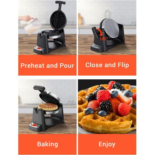  Flip Belgian Waffle Maker, Elechomes 180° Rotating Waffle Iron (1.4 Thick Waffles) with LCD Display Digital Timer Non-Stick Coating Plates Removable Drip Tray Recipes Included, Sta
